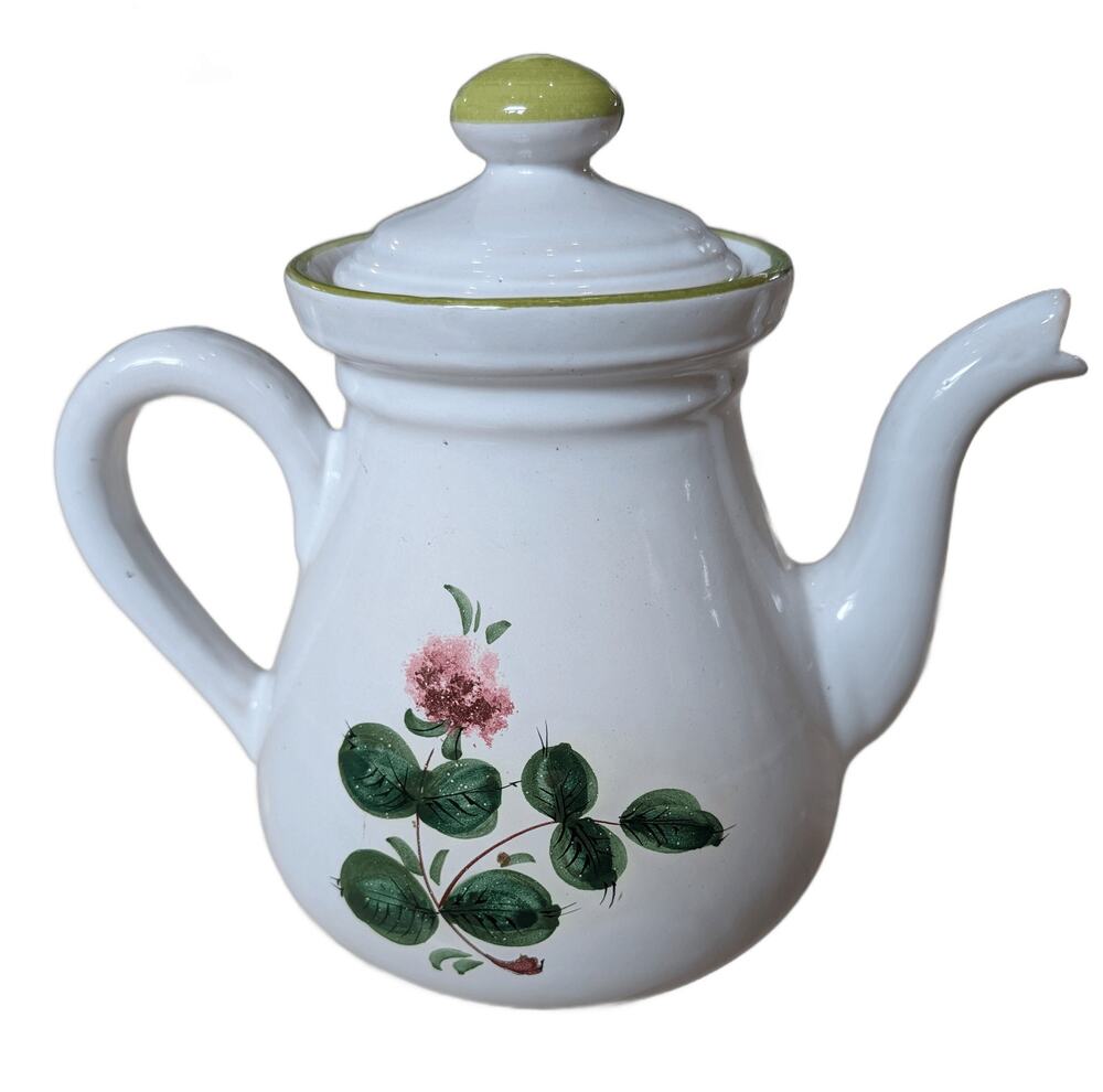 Vintage Ceramic Teapot White Floral Clover Pink Green Hand Painted Lid